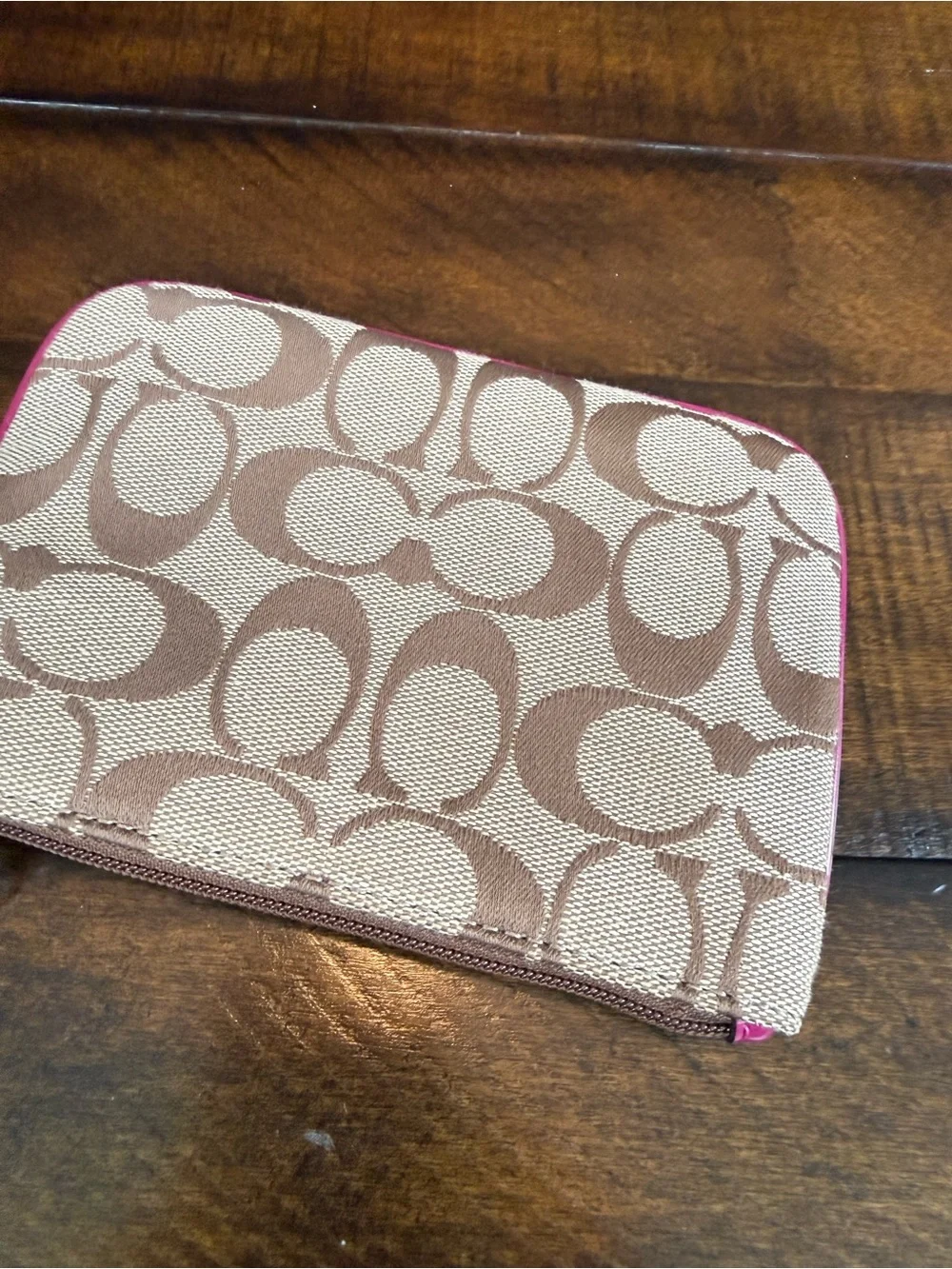 Coach Beige Signature Canvas Wristlet with Pink Trim